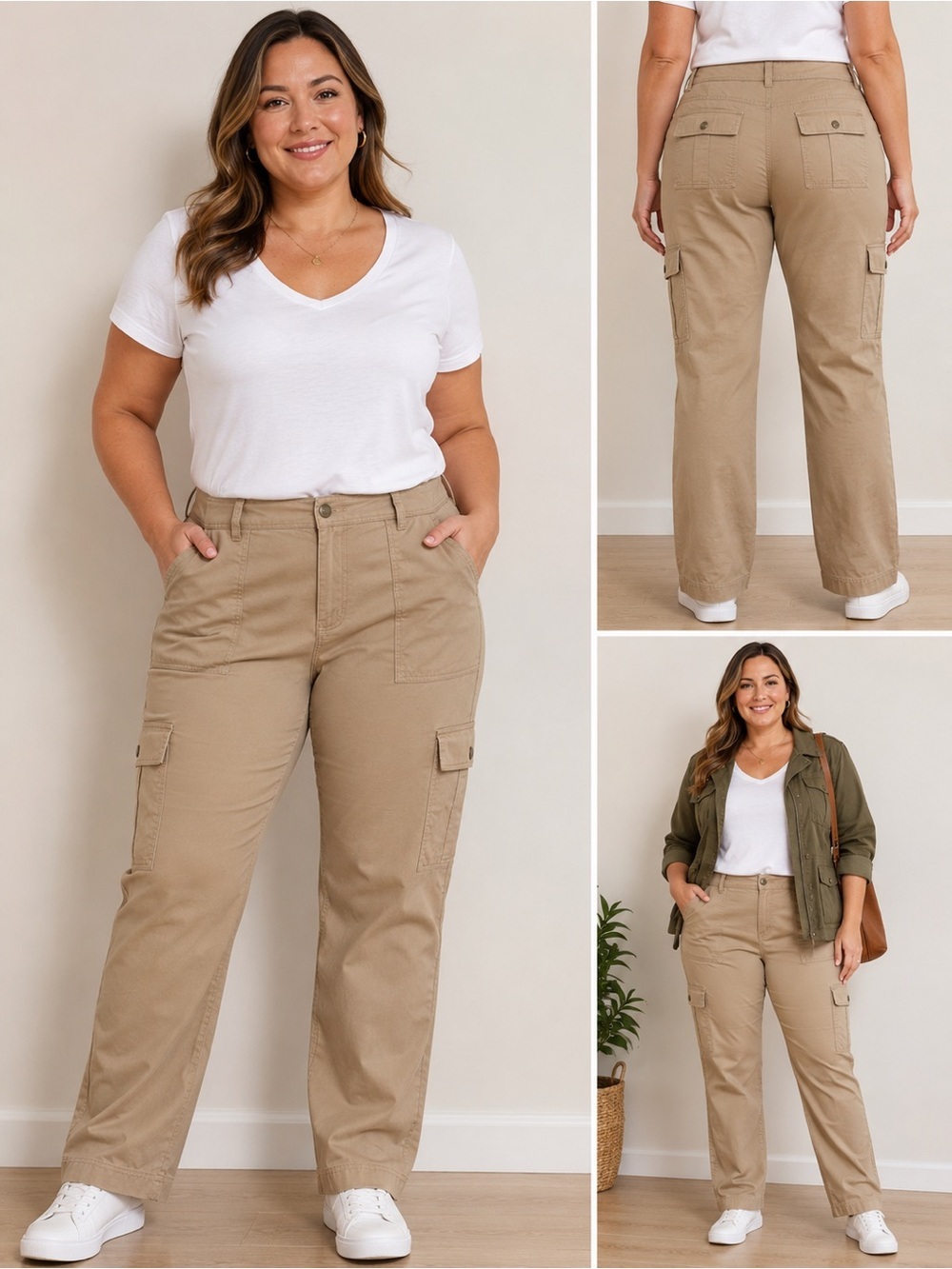 Chaps Khaki Cargo Pants Women’s Size 16 100% Cotton Straight Leg Utility Casual
